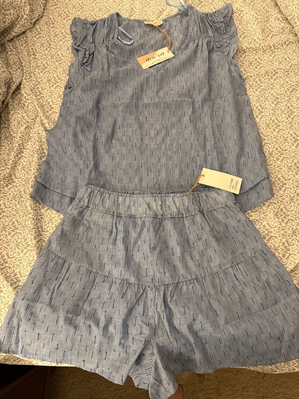 New In Very J Denim Blue Ruffle Top & Shorts Matching Set - Picture 2 of 8